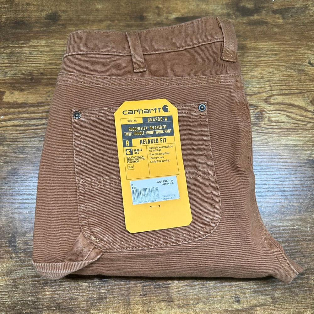 New Carhartt BN4296-W Rugged Flex Relaxed Fit Double Front Pants Brown 6 Tall